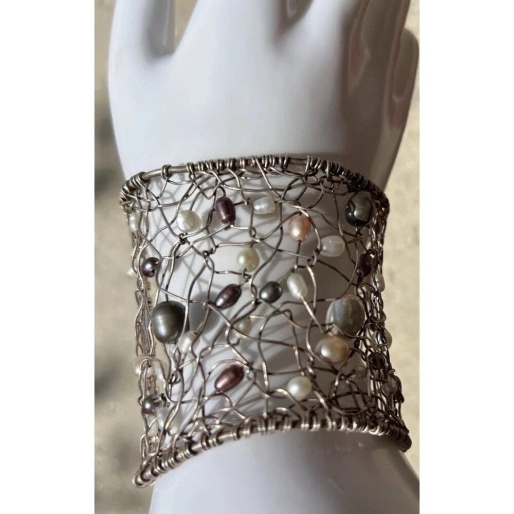 Vintage Freshwater .999 Sterling Silver Pearl Wire Rope Cuff Wrapped 7.5”